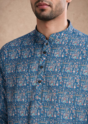 Manyavar Men Teal Blue Blended Cotton Kurta with Print