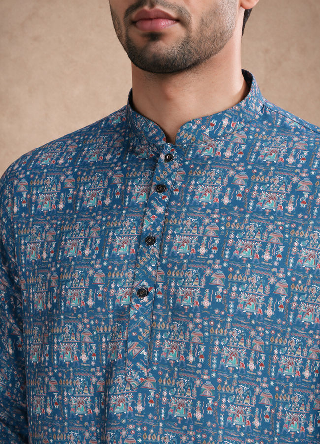 Manyavar Men Teal Blue Blended Cotton Kurta with Print