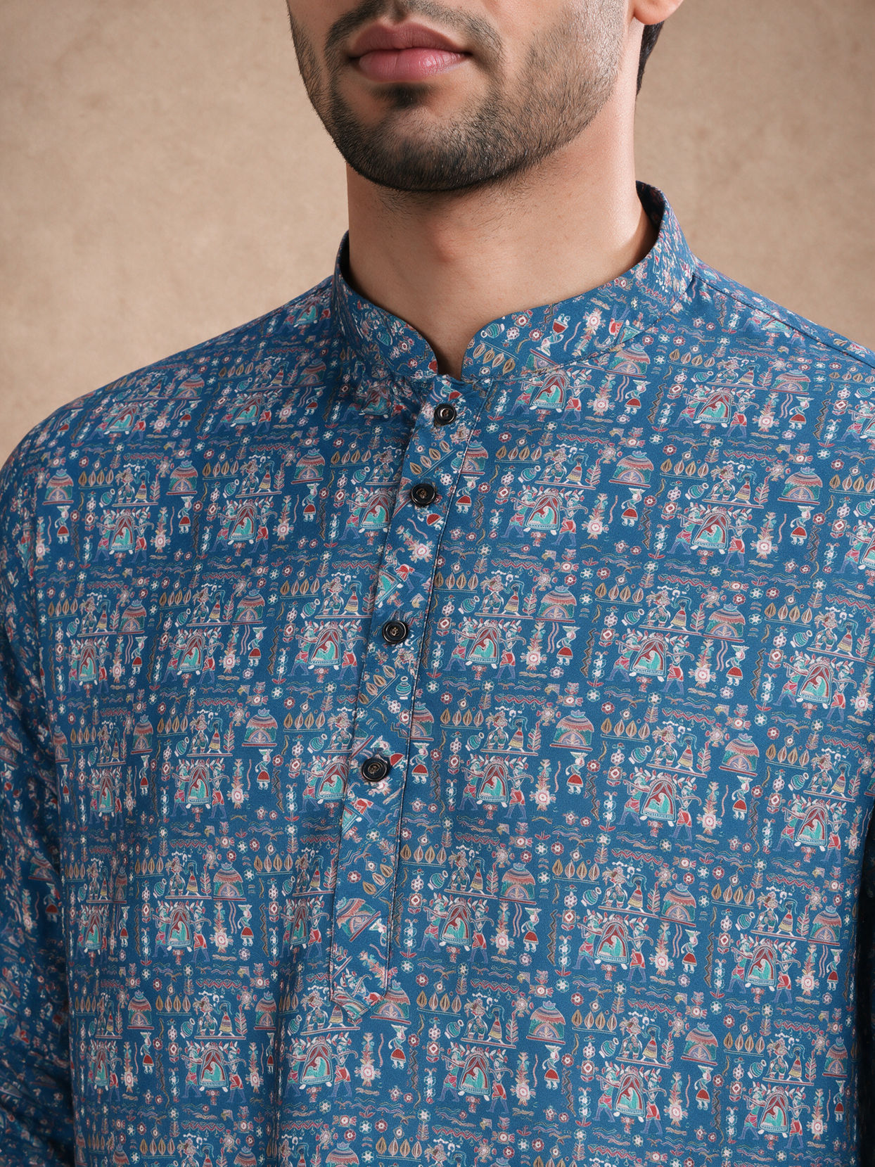 Manyavar Men Teal Blue Blended Cotton Kurta with Print