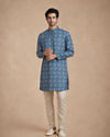 Manyavar Men Teal Blue Blended Cotton Kurta with Print