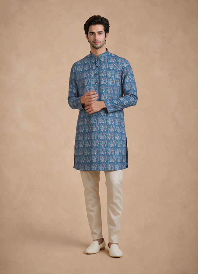 Manyavar Men Teal Blue Blended Cotton Kurta with Print
