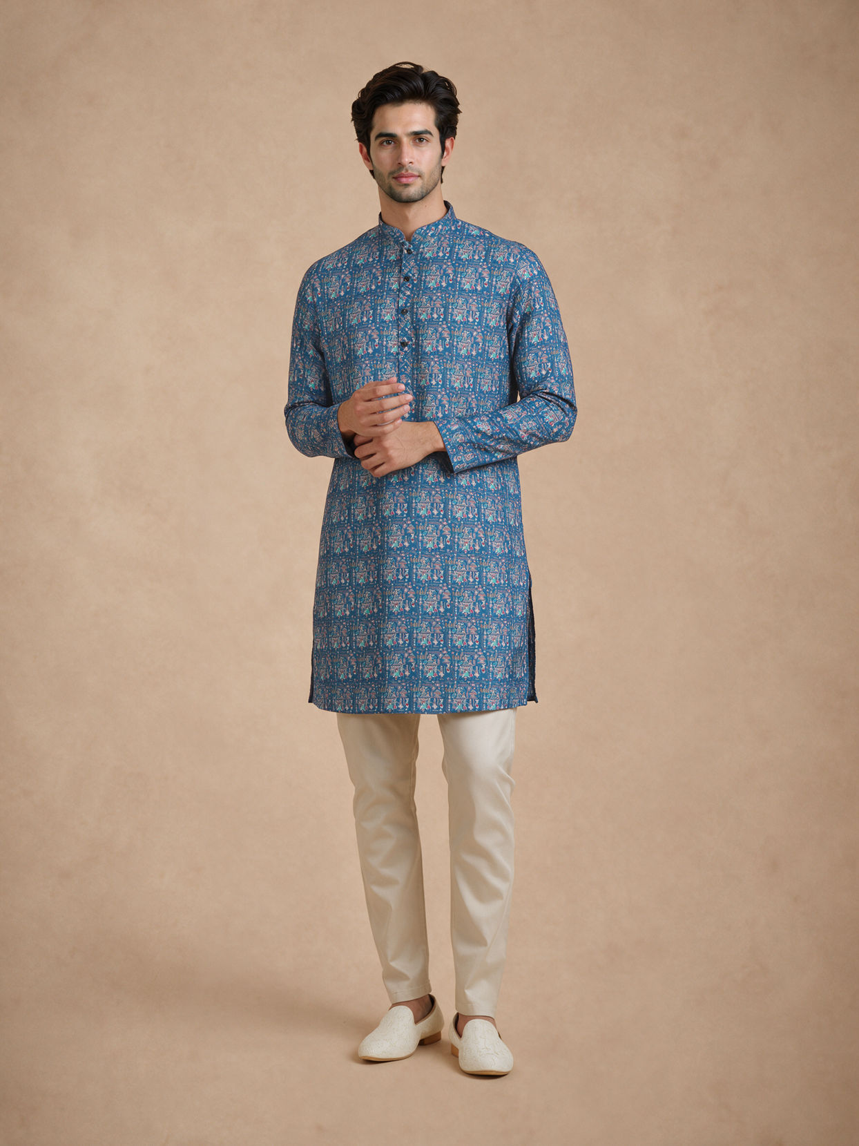 Manyavar Men Teal Blue Blended Cotton Kurta with Print