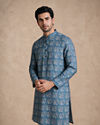 Manyavar Men Teal Blue Blended Cotton Kurta with Print