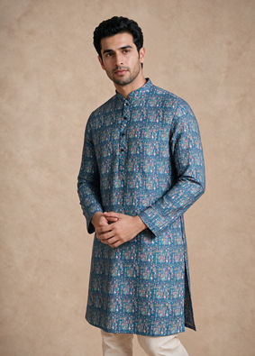 Manyavar Men Teal Blue Blended Cotton Kurta with Print
