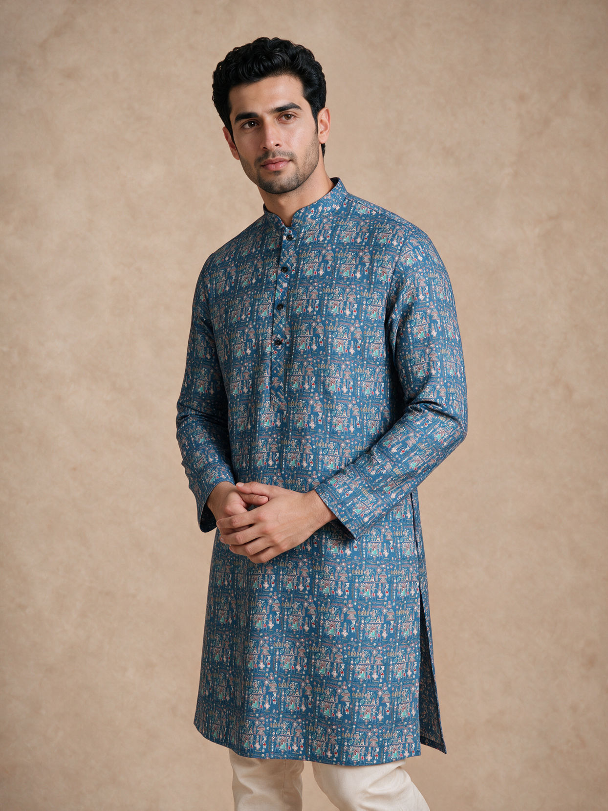 Manyavar Men Teal Blue Blended Cotton Kurta with Print