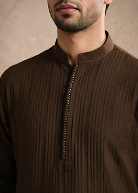 Manyavar Men Olive Green Blended Viscose Kurta with Textured Detail