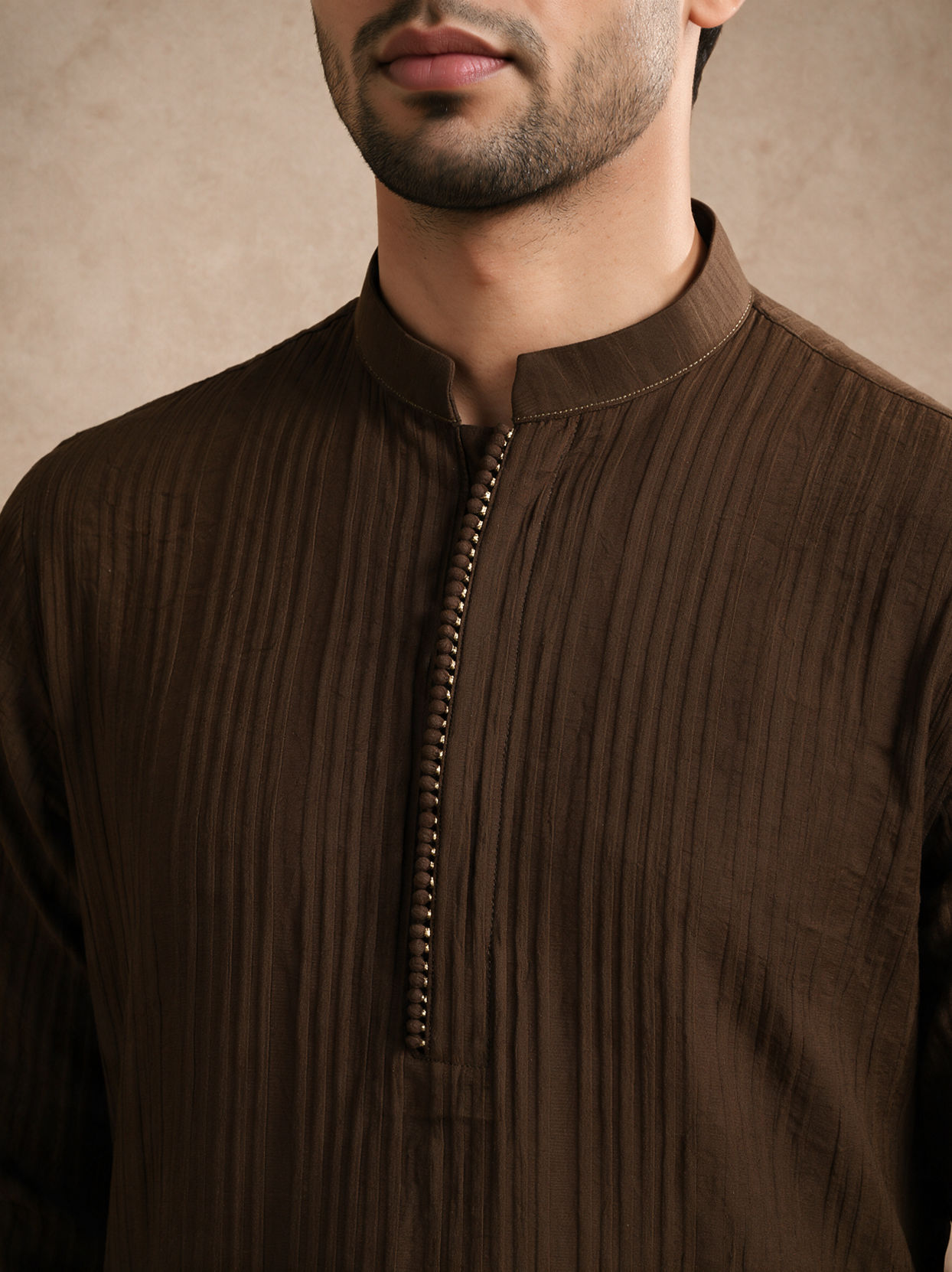 Manyavar Men Olive Green Blended Viscose Kurta with Textured Detail