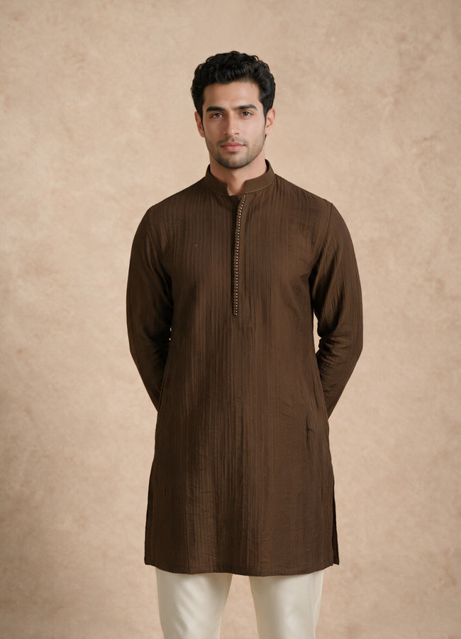 Manyavar Men Olive Green Blended Viscose Kurta with Textured Detail
