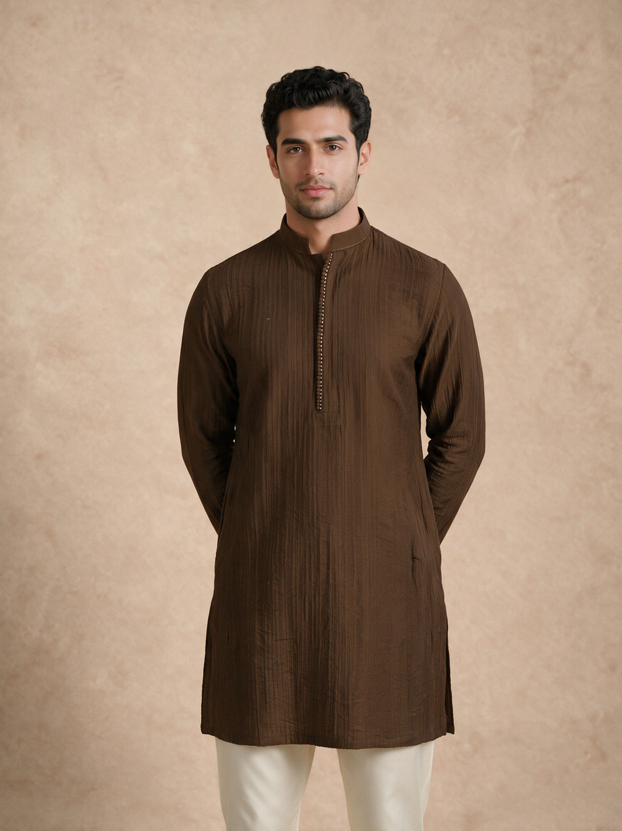 Manyavar Men Olive Green Blended Viscose Kurta with Textured Detail
