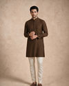 Manyavar Men Olive Green Blended Viscose Kurta with Textured Detail
