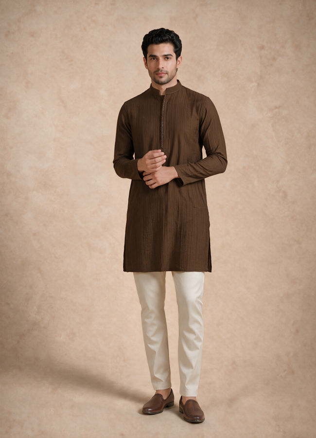 Manyavar Men Olive Green Blended Viscose Kurta with Textured Detail