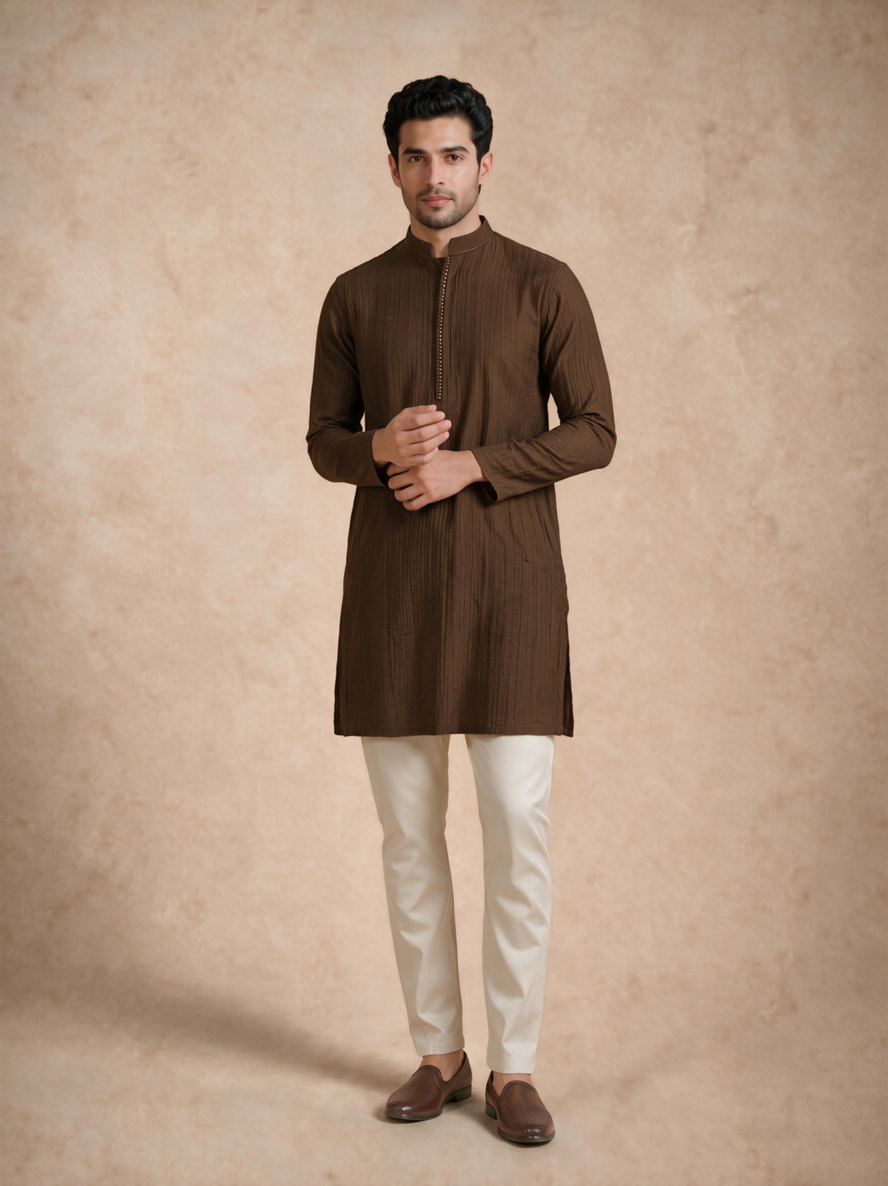 Manyavar Men Olive Green Blended Viscose Kurta with Textured Detail