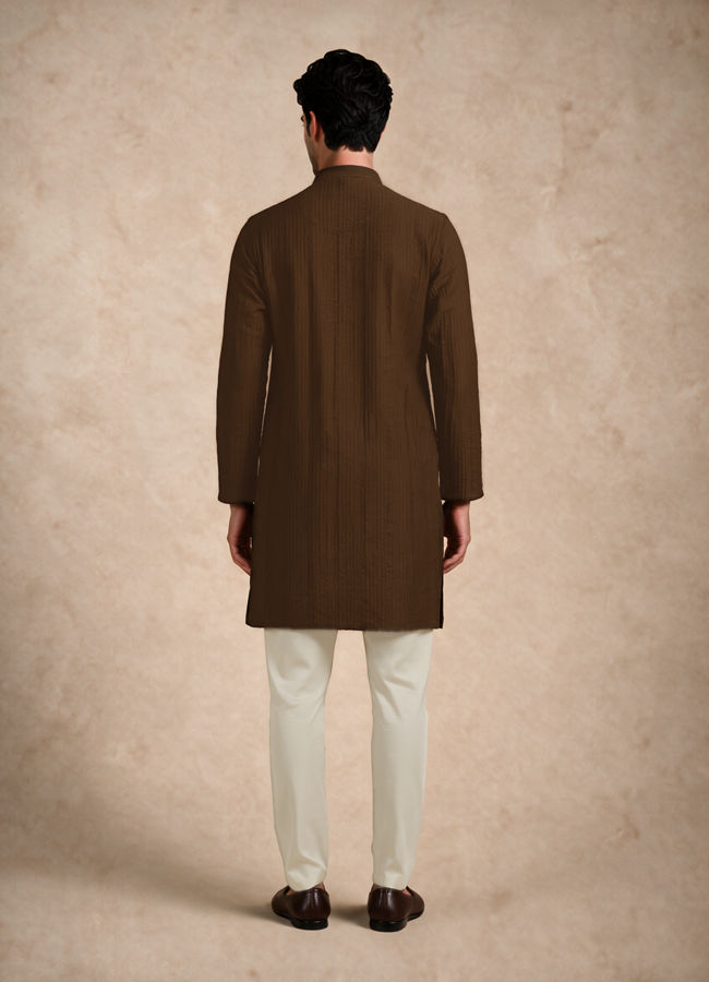 Manyavar Men Olive Green Blended Viscose Kurta with Textured Detail