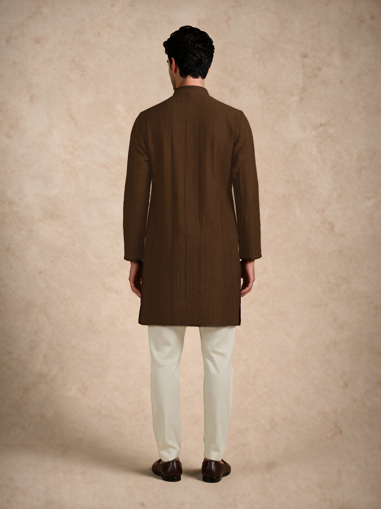 Manyavar Men Olive Green Blended Viscose Kurta with Textured Detail