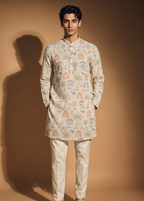 Manyavar Men Cream Blended Cotton Kurta