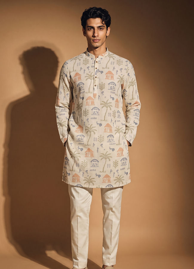 Manyavar Men Cream Blended Cotton Kurta