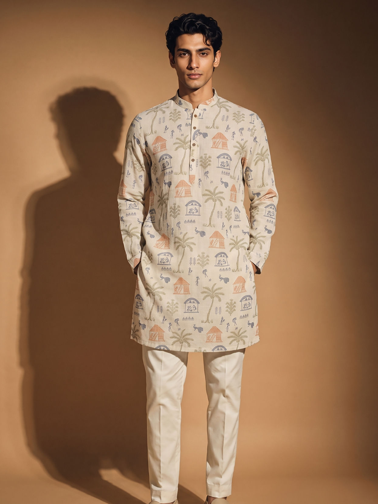 Manyavar Men Cream Blended Cotton Kurta