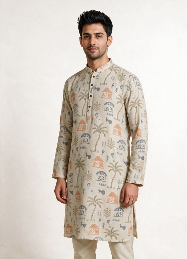 Manyavar Men Cream Blended Cotton Kurta