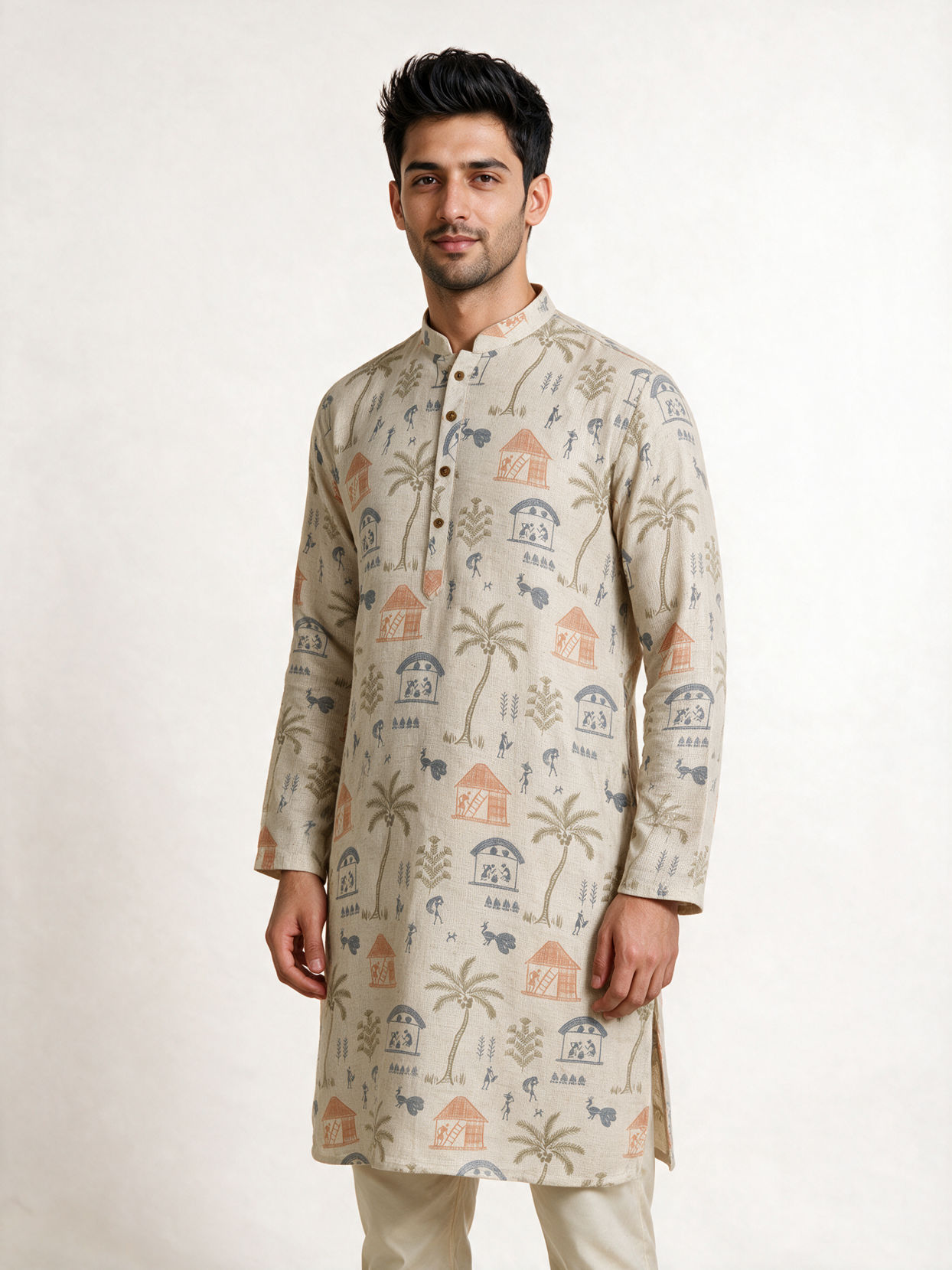 Manyavar Men Cream Blended Cotton Kurta