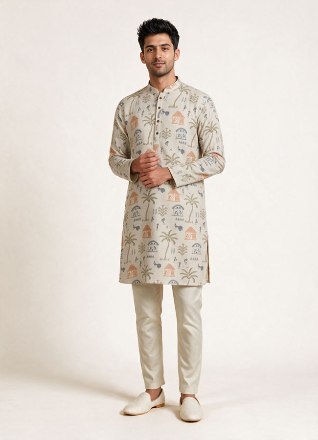 Manyavar Men Cream Blended Cotton Kurta