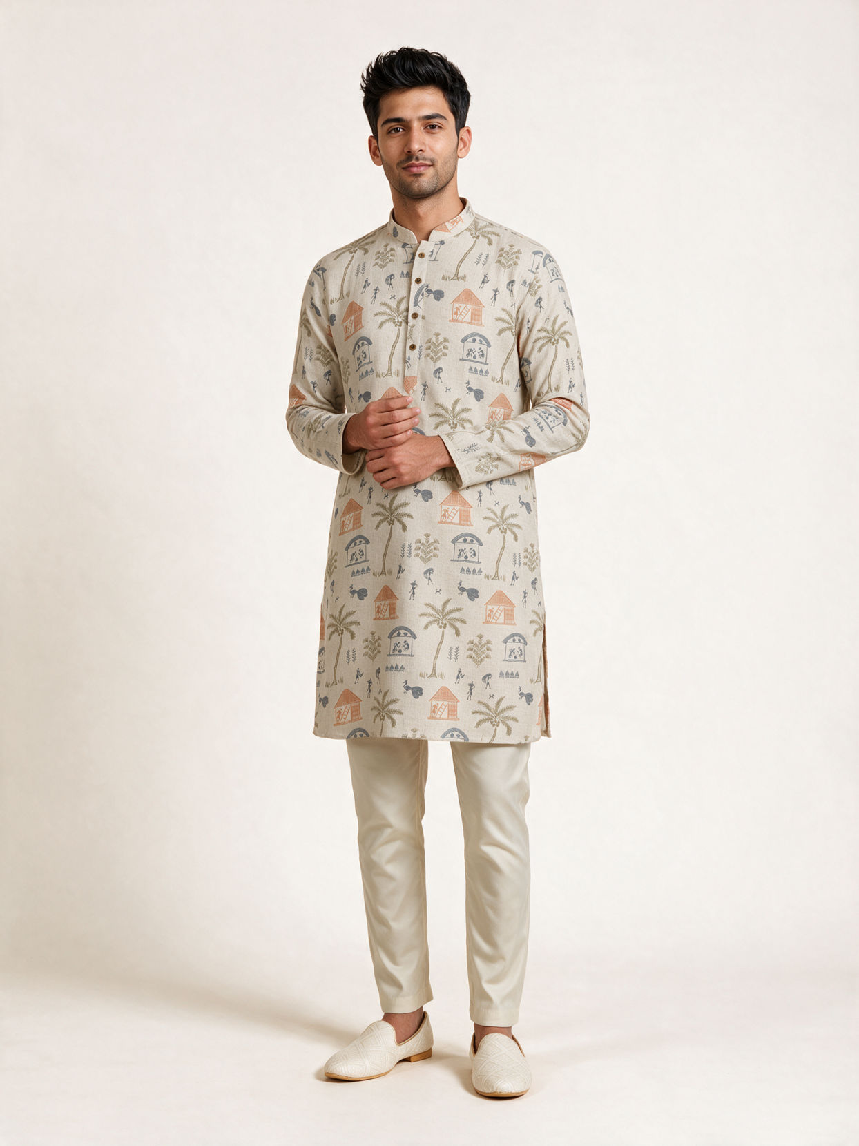 Manyavar Men Cream Blended Cotton Kurta