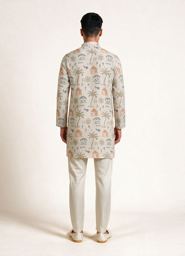 Manyavar Men Cream Blended Cotton Kurta
