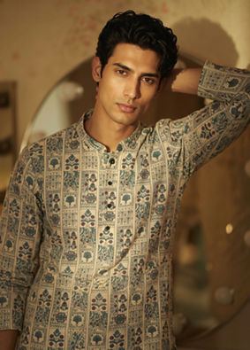 Manyavar Men Cream Blended Cotton Kurta with Print