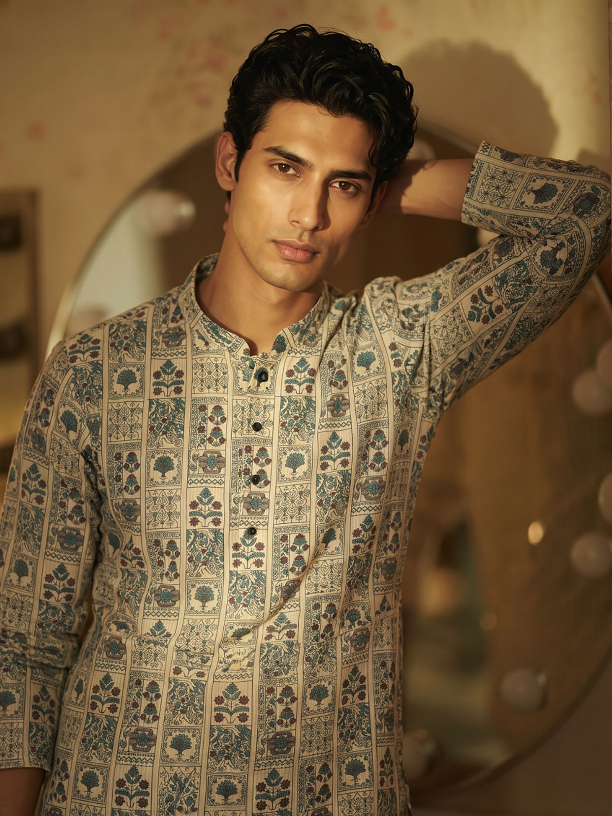 Manyavar Men Cream Blended Cotton Kurta with Print