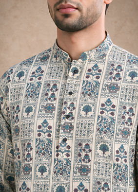 Manyavar Men Cream Blended Cotton Kurta with Print