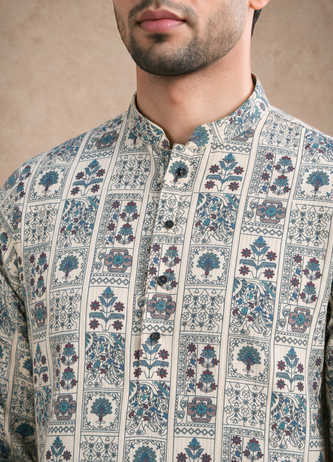 Manyavar Men Cream Blended Cotton Kurta with Print