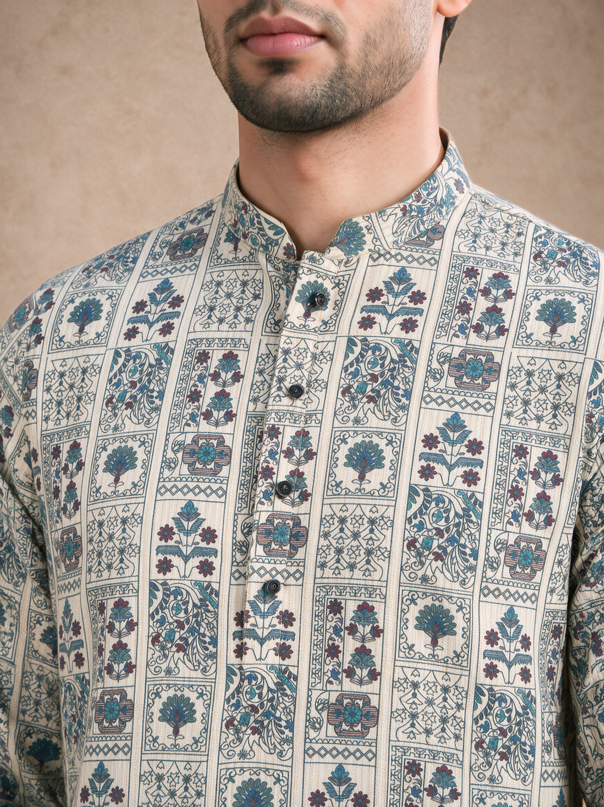 Manyavar Men Cream Blended Cotton Kurta with Print