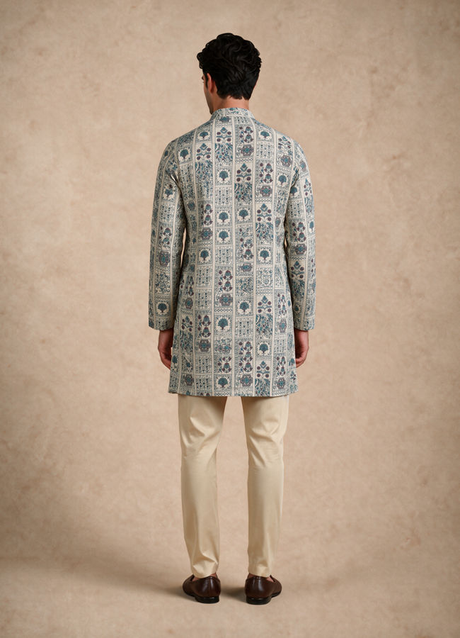 Manyavar Men Cream Blended Cotton Kurta with Print