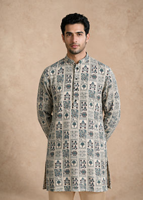 Manyavar Men Cream Blended Cotton Kurta with Print