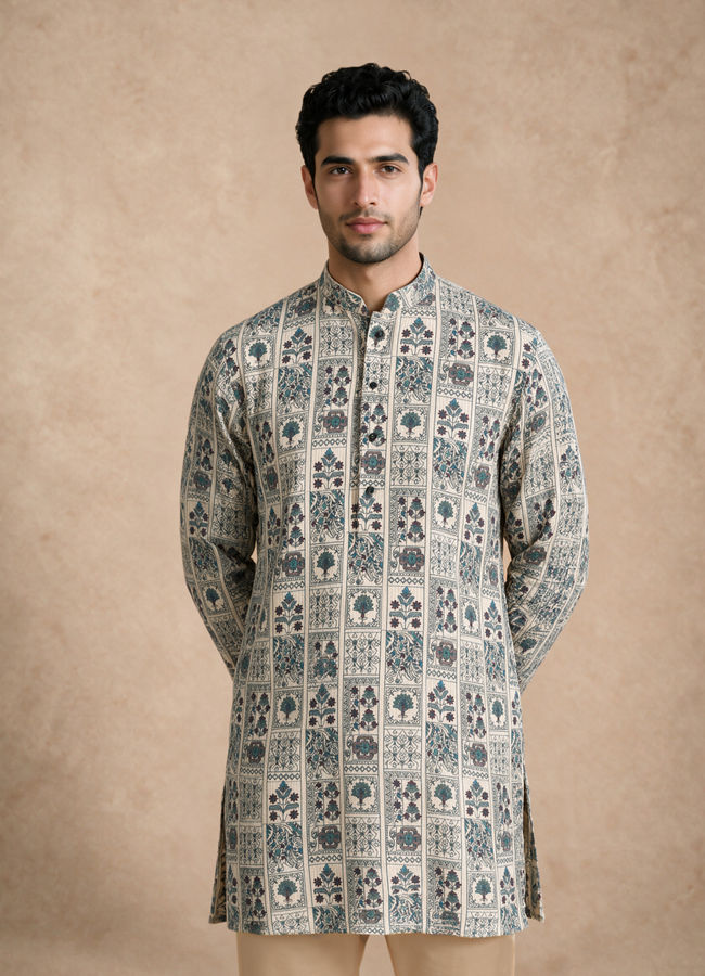 Manyavar Men Cream Blended Cotton Kurta with Print