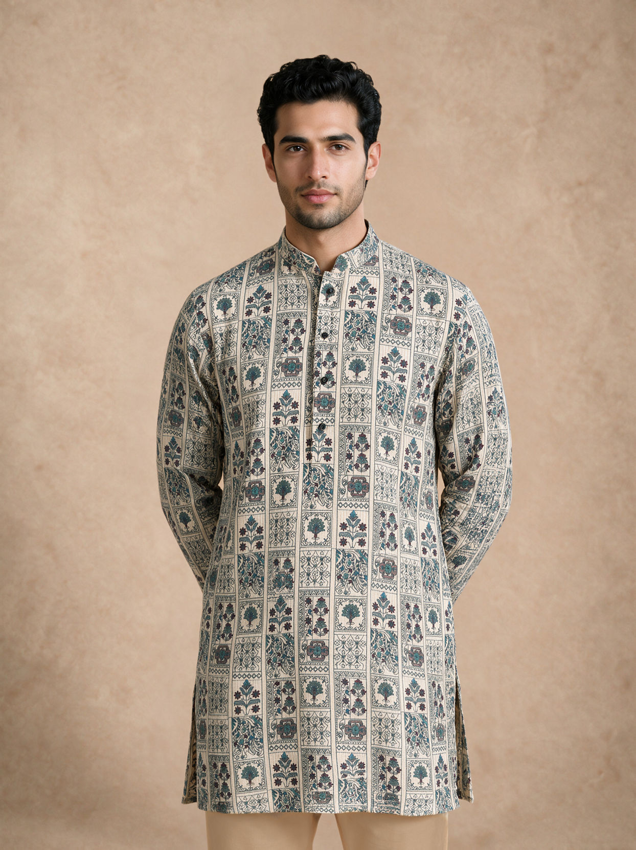 Manyavar Men Cream Blended Cotton Kurta with Print