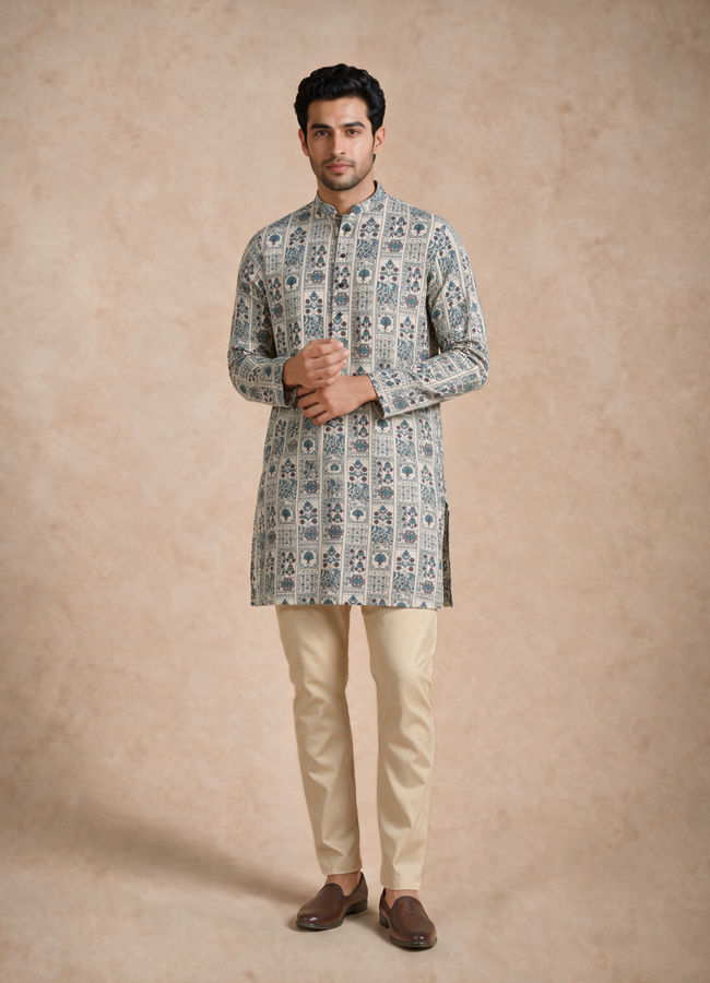 Manyavar Men Cream Blended Cotton Kurta with Print