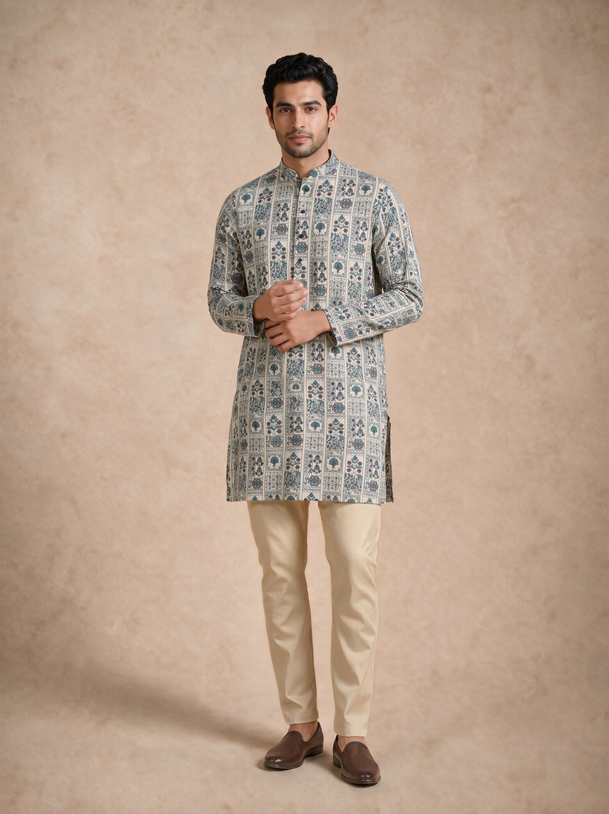 Manyavar Men Cream Blended Cotton Kurta with Print