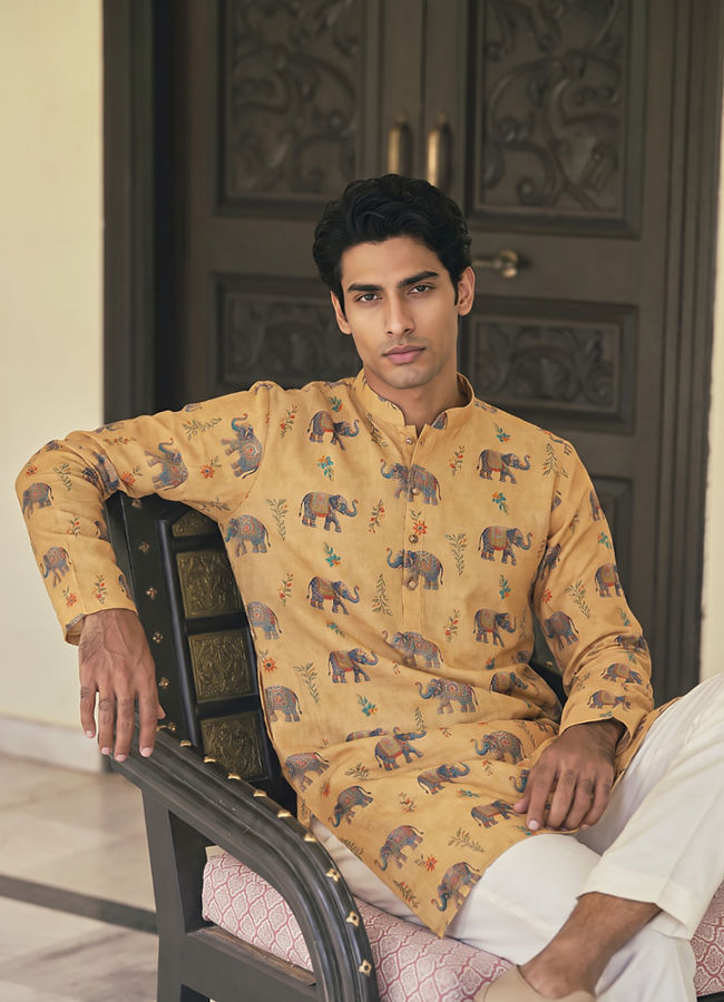 Manyavar Men Yellow Blended Cotton Kurta