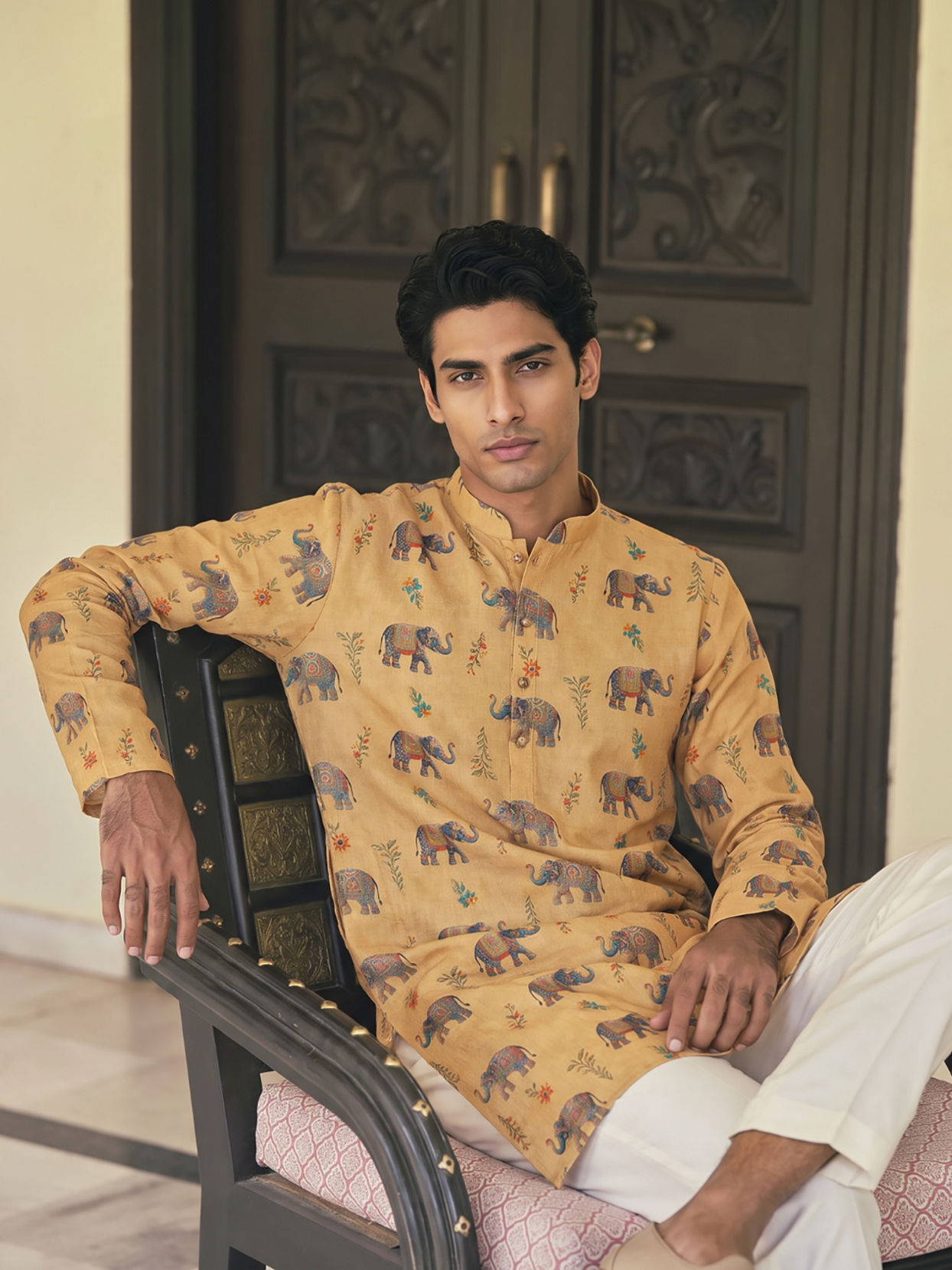 Manyavar Men Yellow Blended Cotton Kurta