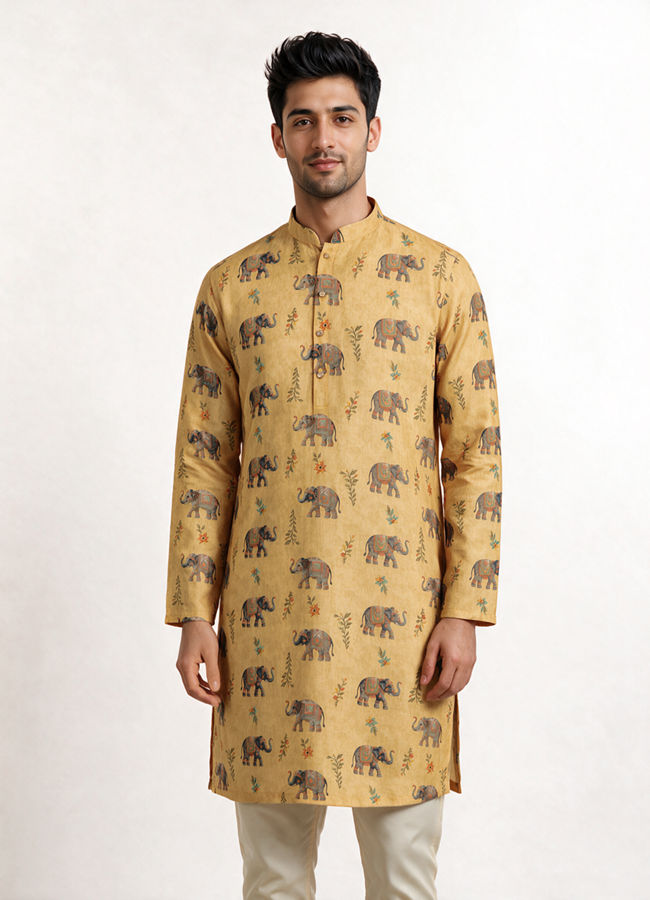 Manyavar Men Yellow Blended Cotton Kurta