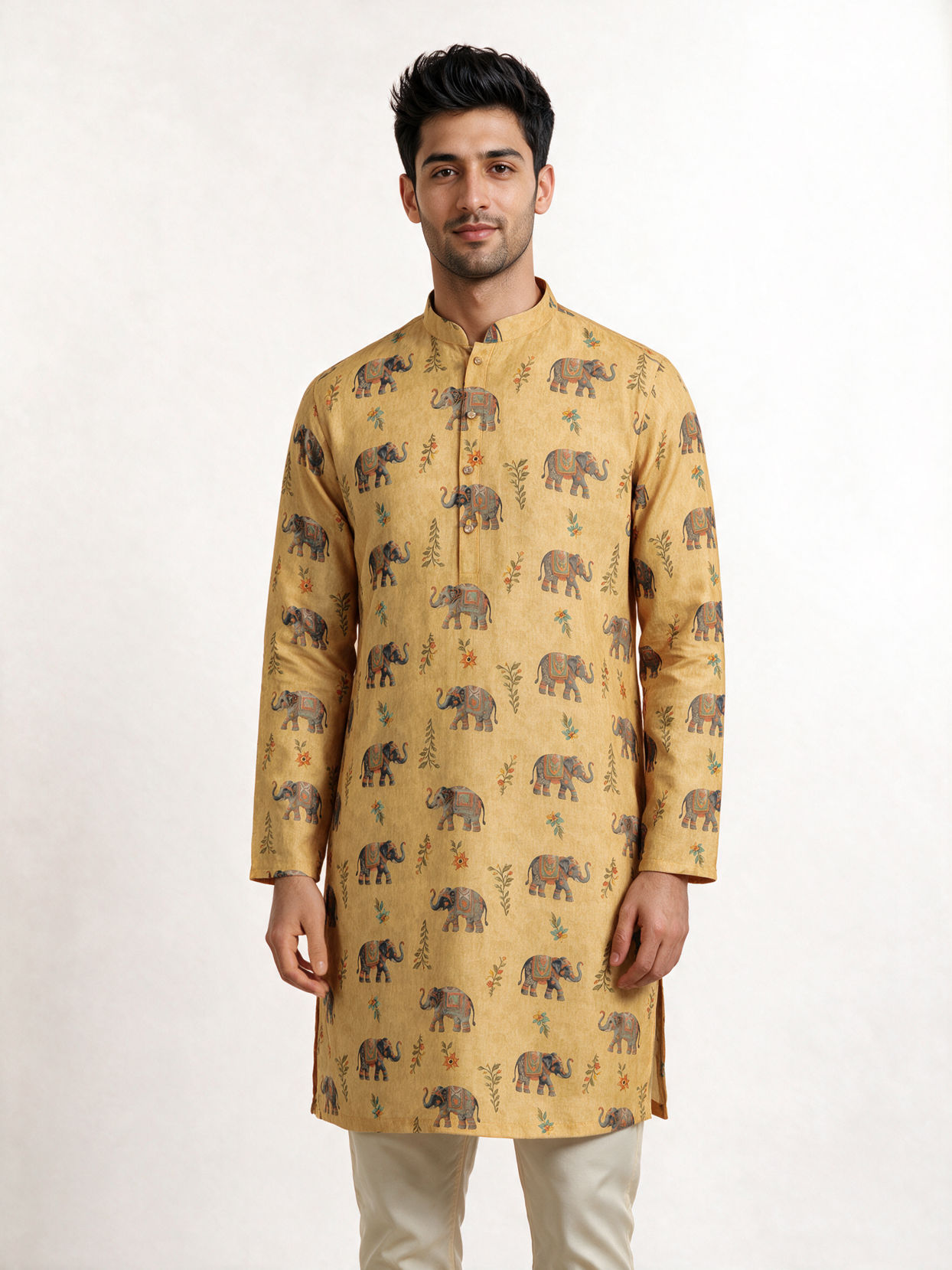 Manyavar Men Yellow Blended Cotton Kurta