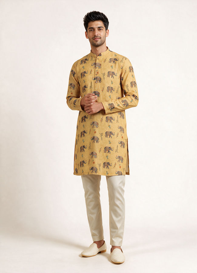Manyavar Men Yellow Blended Cotton Kurta