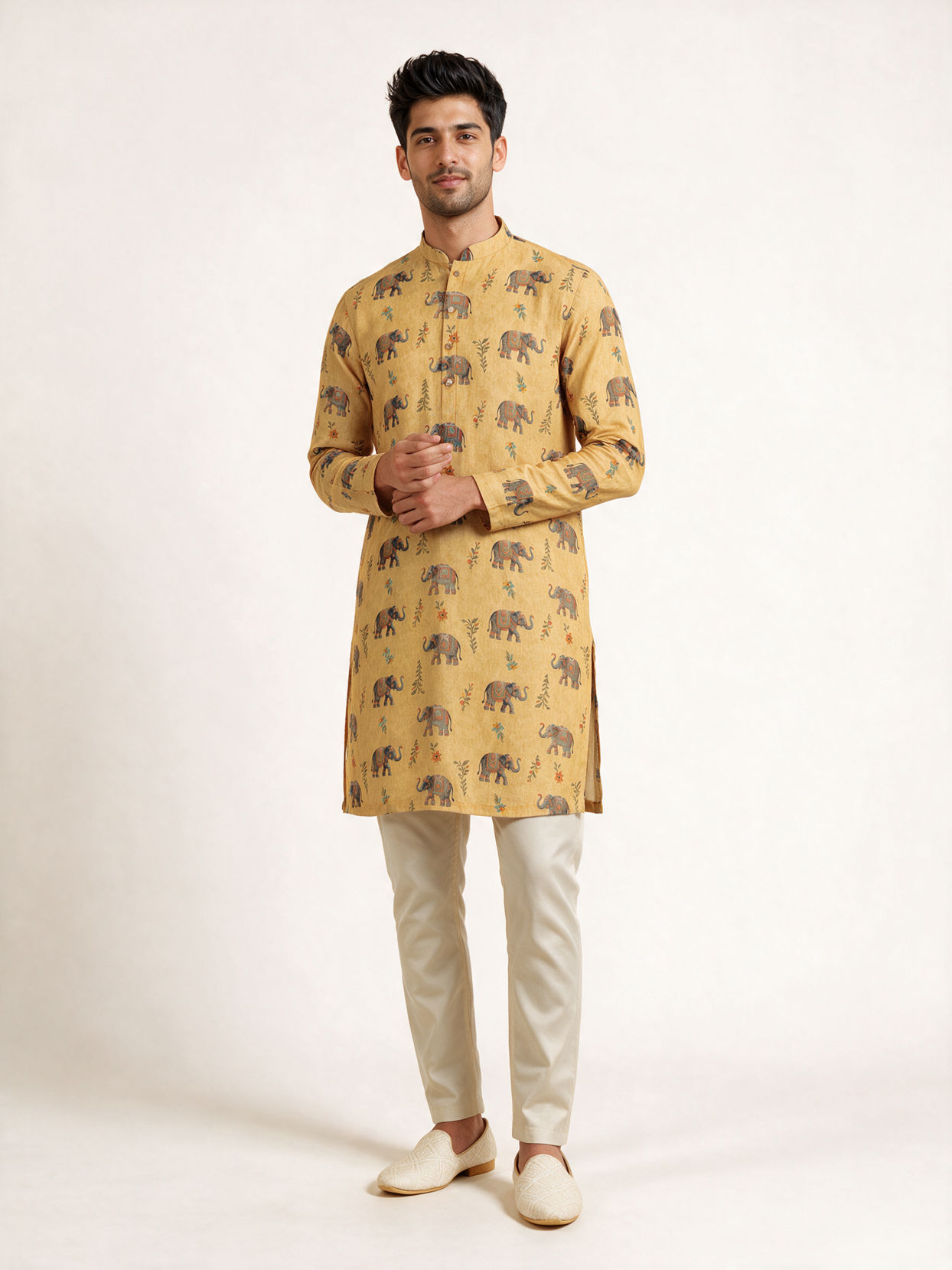 Manyavar Men Yellow Blended Cotton Kurta