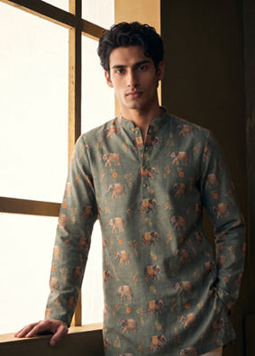 Manyavar Men Olive Green Blended Cotton Kurta
