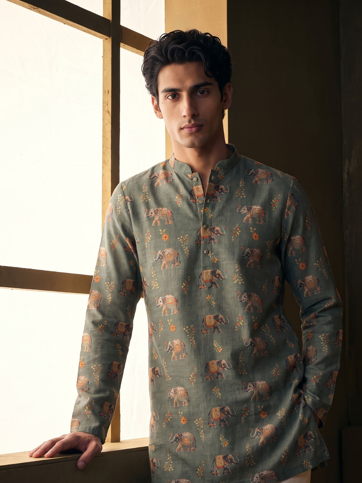 Manyavar Men Olive Green Blended Cotton Kurta