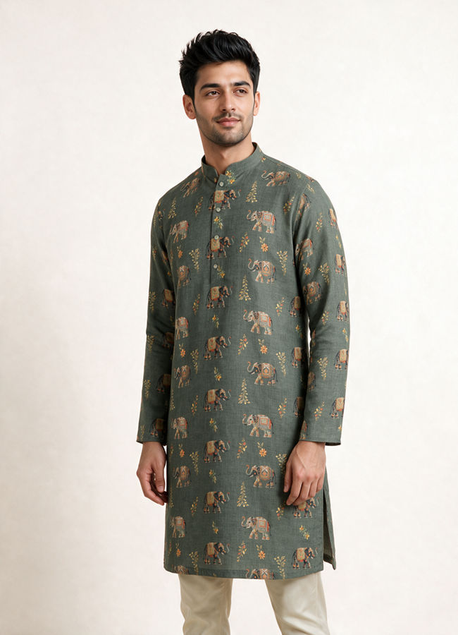 Manyavar Men Olive Green Blended Cotton Kurta