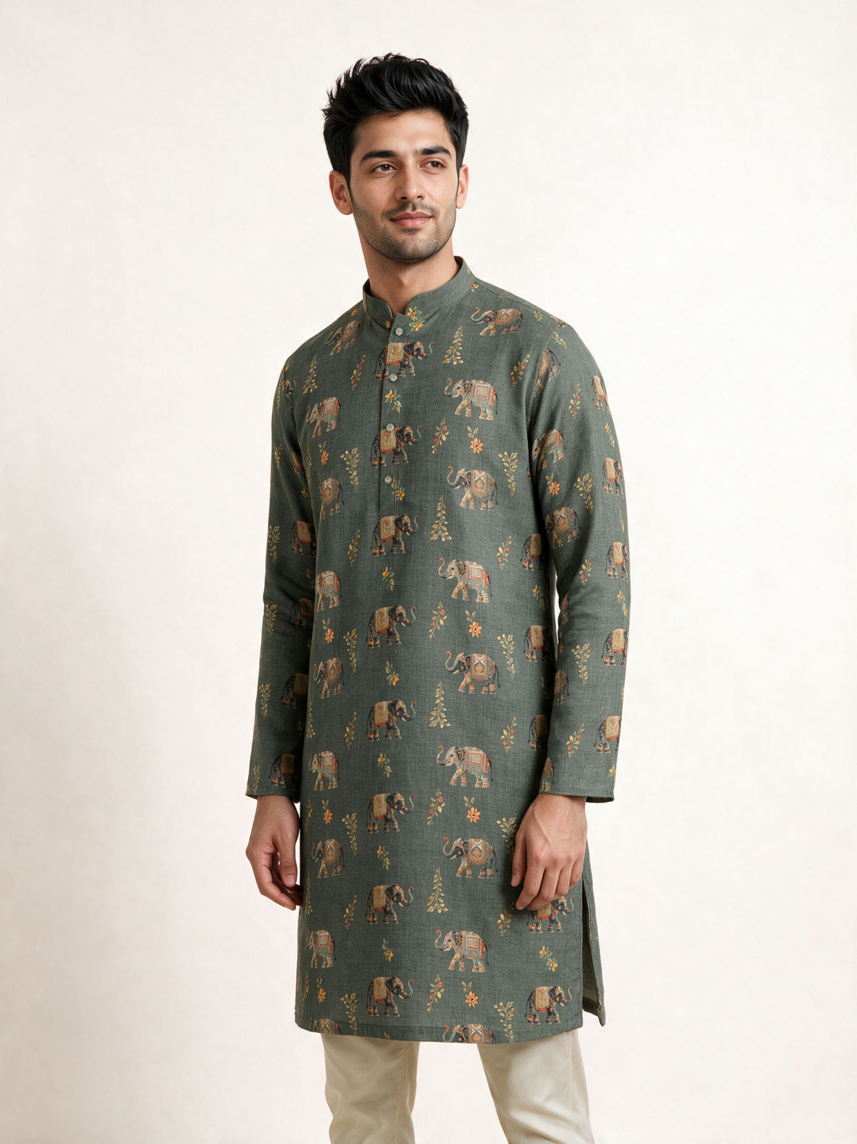 Manyavar Men Olive Green Blended Cotton Kurta