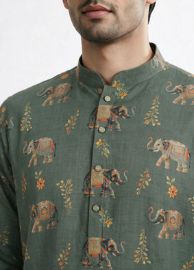 Manyavar Men Olive Green Blended Cotton Kurta