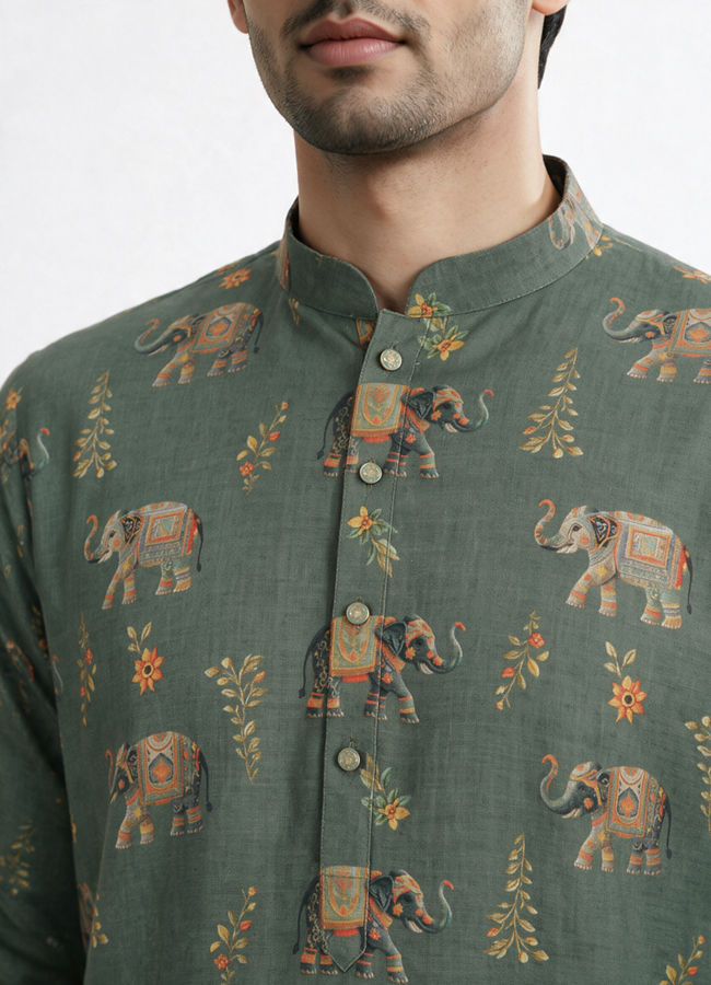 Manyavar Men Olive Green Blended Cotton Kurta