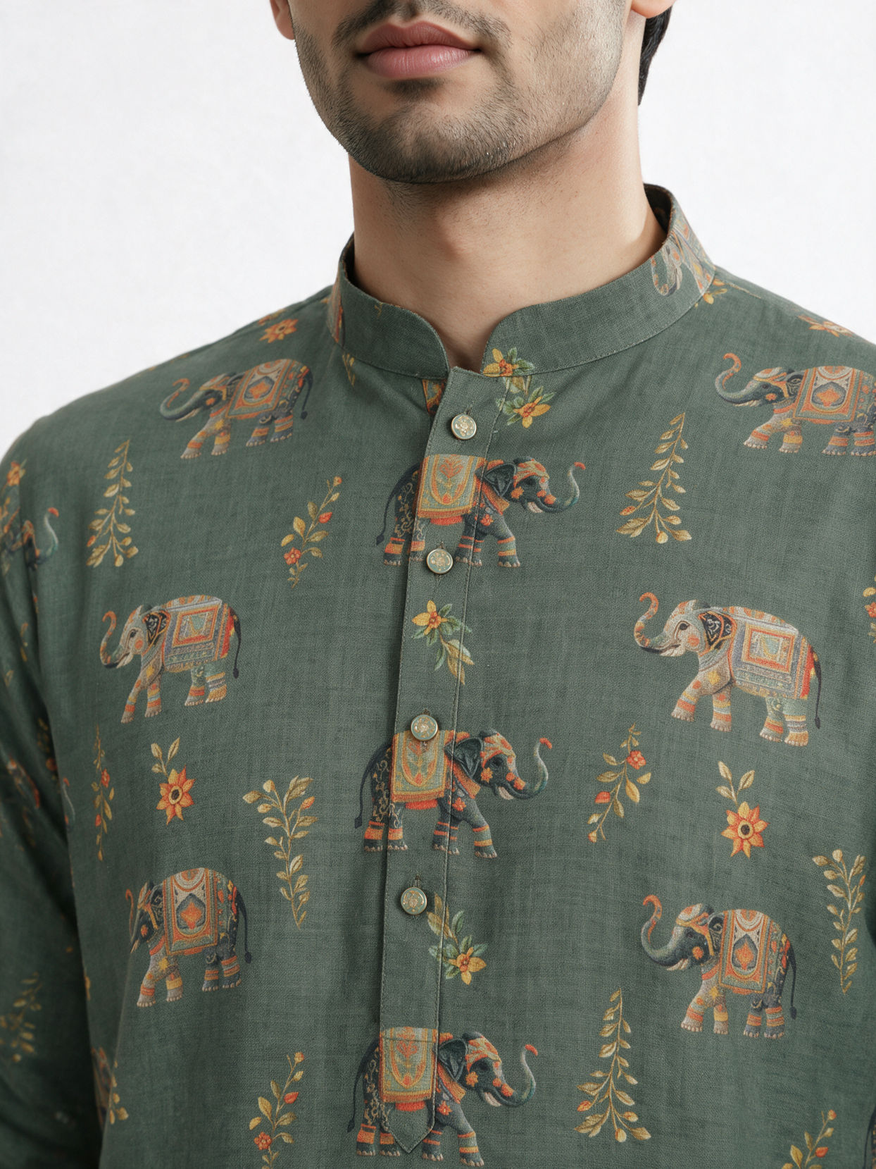 Manyavar Men Olive Green Blended Cotton Kurta